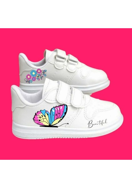 Kelebek Beyaz Baskılı Çocuk Spor Ayakkabı