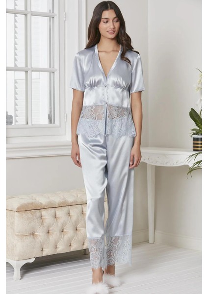 Saten Gecelik Sabahlık Pijama Takım Şort Takım 6'lı Gelin Çeyiz Seti - 6015 Mist