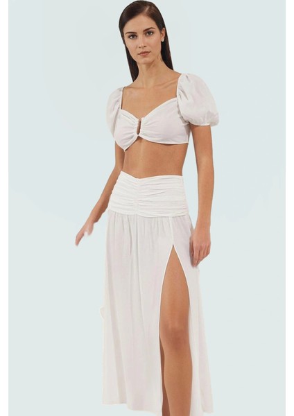 Yazlık Dokuma Bluz Etek Takım V Yaka Kısa Kol Plaj Modası Yüksek Kalite Konforlu Kesim