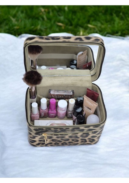 Kahverengi Leopar Desenli Taşınabilir Makyaj Çantası ve Aynalı Düzenleyici fiyatları