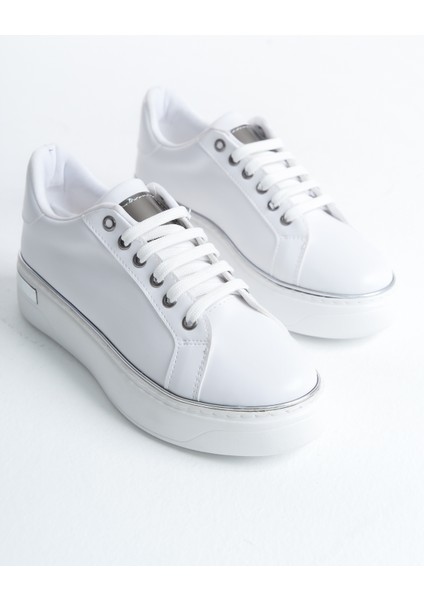 Mına Bağcıklı Ortopedik Taban Kadın Sneaker Spor Ayakkabı - Bt Beyaz/gümüş