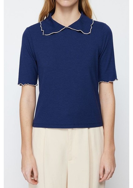 Lacivert Yaka Detaylı Regular Kalıp Örme Bluz modelleri