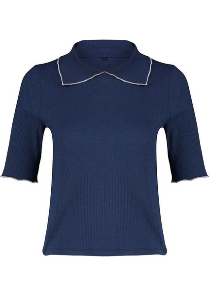Lacivert Yaka Detaylı Regular Kalıp Örme Bluz indirimleri