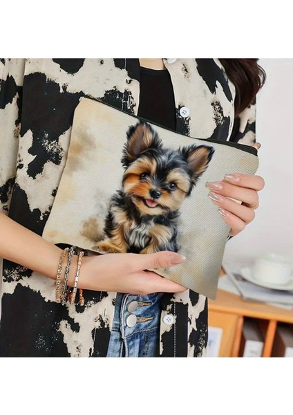 Renkli Yorkshire Terrier Desenli Fermuarlı Şık Makyaj Çantası