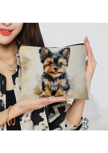 Renkli Yorkshire Terrier Desenli Fermuarlı Şık Makyaj Çantası fiyatları