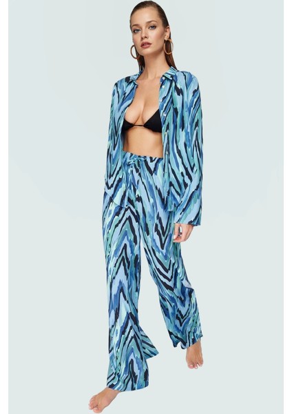 Yazlık Çok Soyut Desenli Viskoz Uzun Gömlek Pantolon Takım Şık Görünüm Premium Kalite