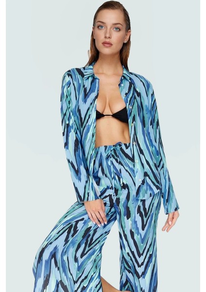 Yazlık Çok Soyut Desenli Viskoz Uzun Gömlek Pantolon Takım Şık Görünüm Premium Kalite modelleri