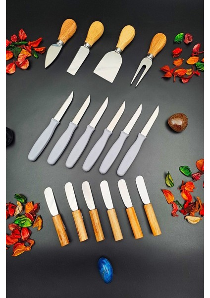16 Parça Çok Renkli Bıçak Seti, Bambu Saplı, Meyve, Tereyağı, Reçel, Çikolata Bıçakları