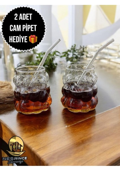 Isıya Dayanıklı Beyaz Borosilikat Üzüm Bardak, 2'li Set, Cam Pipet Hediyeli