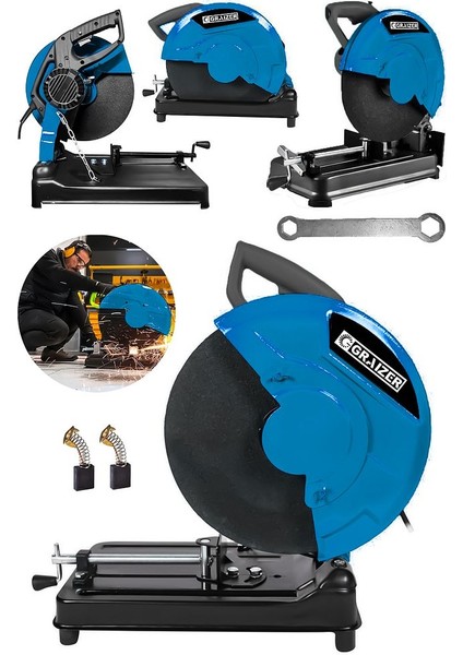 2600 Watt Çelik Dişli Şanzuman Bakır Sargılı 355 mm Profil Ahşap Metal Kesim Makinesi-Mavi