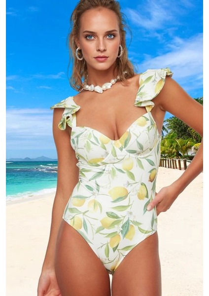 Desenli Fırfırlı Mayo Özel Tasarım Plaj ve Havuz Için Su Sporları Şık Detaylı