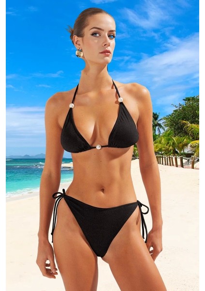 Üçgen Simli Bikini Takımı Özel Tasarım Yaz Koleksiyonu Hızlı Kuruyan Klora Dayanıklı