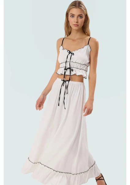 Yazlık Kadın Plaj Bluz Etek Takımı Ince Askılı Viskoz Polyester Trend Tasarım Rahat Kullanım