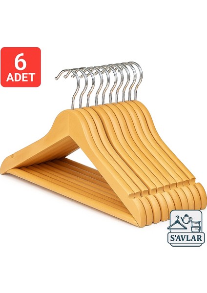 Savlar 6’lı Kaymaz Ahşap Askı Seti – Dönebilen Kanca, Elbise Ceket Pantolon Askısı