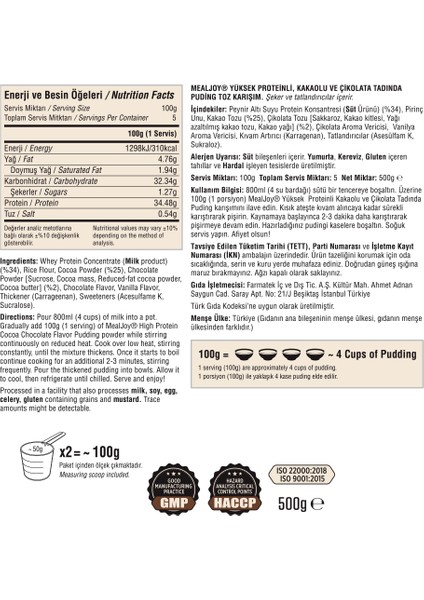 Protein Puding 500 gr Yüksek Proteinli Kakaolu ve Çikolata Tadında fiyatları