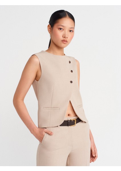 60592 Asimetrik Kesimli Düğmeli Yelek-Taş