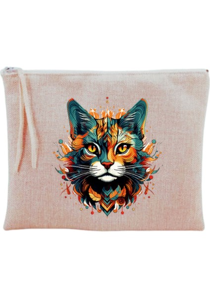 Alevli Kedi Desenli Şık Makyaj Çantası, Bej Renk, Çekici ve Kullanışlı Tasarım