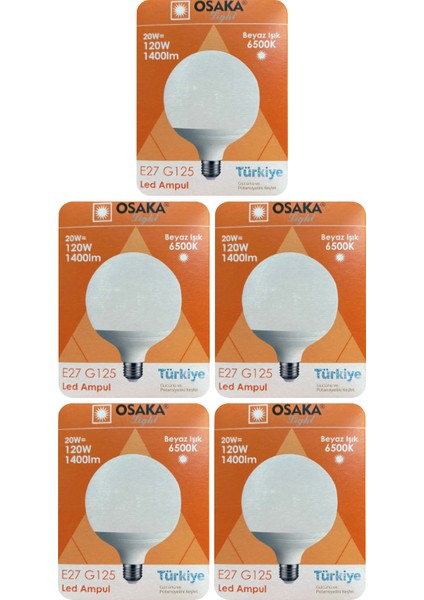(5 Adet) 20W (120W) 6500K (Beyaz Işık) E27 Duylu (Kalın Duy) Glop LED Ampul