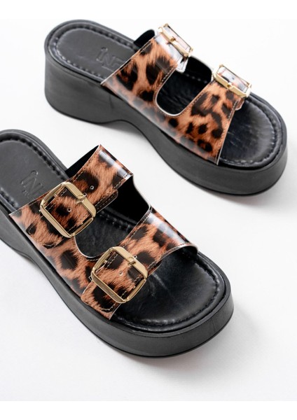 24414-574 Leopar Rugan Günlük Tokalı Dolgu Topuk Kadın Terlik fırsatları