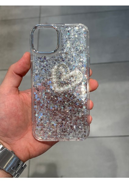 Iphone 13 ve 14 Işıltılı Kalp Figürlü Şeffaf Epoksi Tasarım Sert Silikon Kılıf