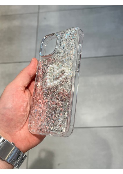 Iphone 13 ve 14 Işıltılı Kalp Figürlü Şeffaf Epoksi Tasarım Sert Silikon Kılıf modelleri