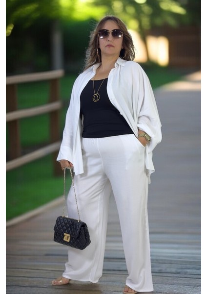 Esnek Pamuklu Yazlık Kumaş Yarasa Kol Gömlek Beli Lastikli Cepli Pantolon Büyük Beden Ikili Takım