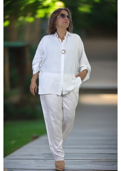 Esnek Pamuklu Yazlık Kumaş Yarasa Kol Gömlek Beli Lastikli Cepli Pantolon Büyük Beden Ikili Takım fiyatları