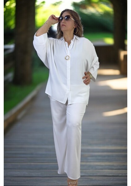 Esnek Pamuklu Yazlık Kumaş Yarasa Kol Gömlek Beli Lastikli Cepli Pantolon Büyük Beden Ikili Takım modelleri