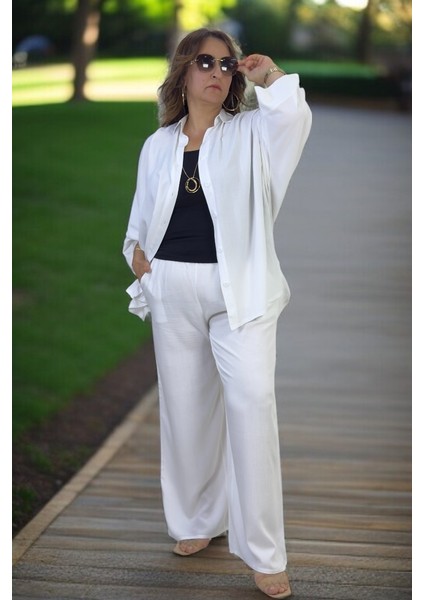 Esnek Pamuklu Yazlık Kumaş Yarasa Kol Gömlek Beli Lastikli Cepli Pantolon Büyük Beden Ikili Takım indirimleri