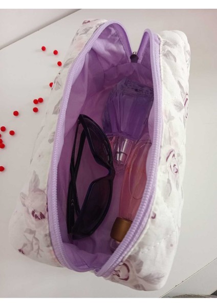 Lila Gül Desenli Xl Makyaş ve Seyahat Çantası, Kapitone Kumaş, Geniş Hacim fiyatları