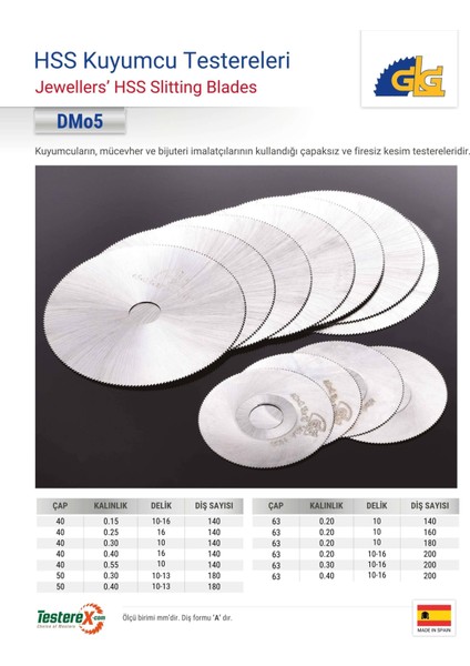 Glg 63X0.4X10MM 200A Diş Hss Kuyumcu Daire Testeresi (Çapaksız ve Firesiz Mücevher Kesimi) fiyatları