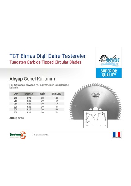 Oncı 250X3.2X30MM 48ATB Diş Ahşap Kesici - Tct Elmas Daire Testere (Kontrplak, Kereste ve Ağaç Türü) fiyatları