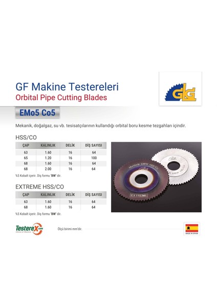 Glg 68X1.6X16MM 64BW Diş Extreme Hss/cobalt - Orbital Boru Kesme Testere Bıçağı (Gf Makine Tezgahı) fiyatları