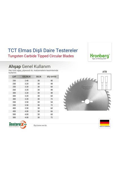Kronberg 250X3.2X30MM 48ATB Diş Ahşap Kesici - Tct Elmas Daire Testere (Kontrplak, Kereste Vb.) fiyatları