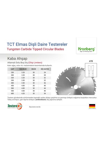 Kronberg 250X3.2X30MM 24ATB Diş Kalın Ağaç Kesici - Tct Elmas Daire Testere (Atlamalı Dolu Boş) fiyatları