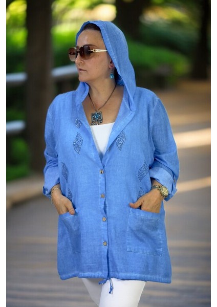 Taş Işlemeli Cepli Kapüşonlu Katlanır Kol Büzgülü Ekstra Büyük Beden Mevsimlik Ince Safari Ceket indirimleri