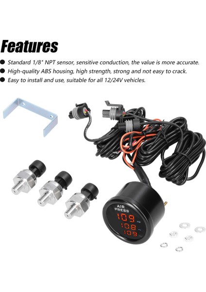 Üçlü Ekran Hava Basıncı Ölçer LED Dijital Hava Süspansiyon Ölçer 0-220PSİ ile 3 Adet 1 / 8npt Sensörleri (Yurt Dışından) fiyatları