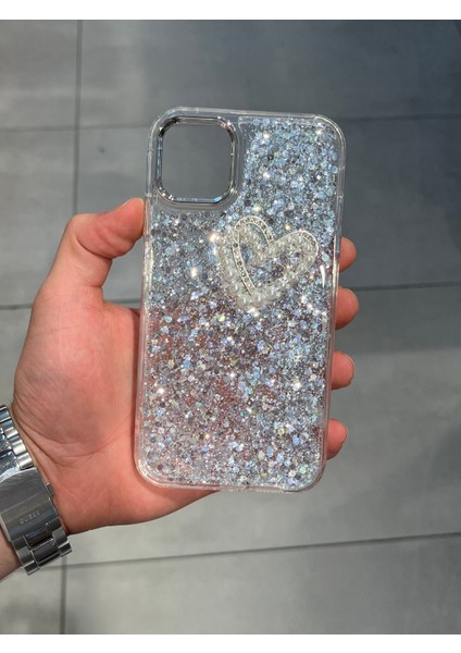 Iphone 11 Uyumlu Kalp Figürlü Işıltılı Epoksi Tasarım Sert Şeffaf Silikon Kılıf