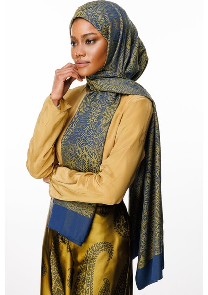 Mayra Desen Çift Taraflı Şal Lacivert-Yağ Yeşili