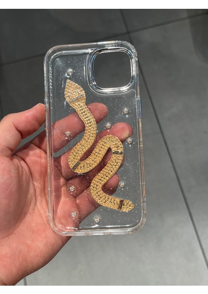 Iphone 15 Uyumlu Yılan Figürlü Epoksi Tasarım Sert Şeffaf Silikon Kılıf modelleri