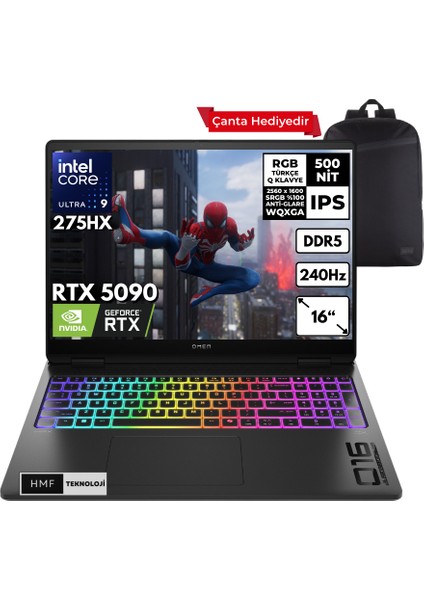 Omen Max 16-AH0004NT Ultra 9-275HX 40-Gbddr5 1 Tbssd RTX5090 (24GB-GDDR7) 16" 240Hz 2k Wqxga Windows 10 Home + Hmf Sırt Çantası B92QMEAHMFC85
