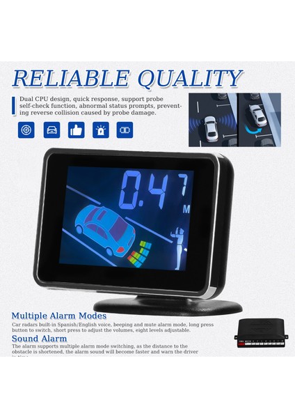 Araba Park Sensörü Geri Radarlar Sistemi Ön ve Arka Destek Sesli Uyarı / Buzzer / Dilsiz 8 Park Sensörleri ile Mesafe Algılama LCD Mesafe Ekran Hacimleri Ayarlanabilir (Yurt Dışından) modelleri