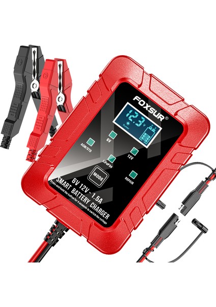 Foxsur 1.5 A Araba Pil Şarj Cihazı, LCD Ekranlı 6V ve 12V Otomotiv Şarj Cihazı, Motosiklet Çim Biçme Makinesi Için Akü Bakım Cihazı Agm Jel Kurşun Asit Aküler, Kırmızı, Ab Tak (Yurt Dışından)