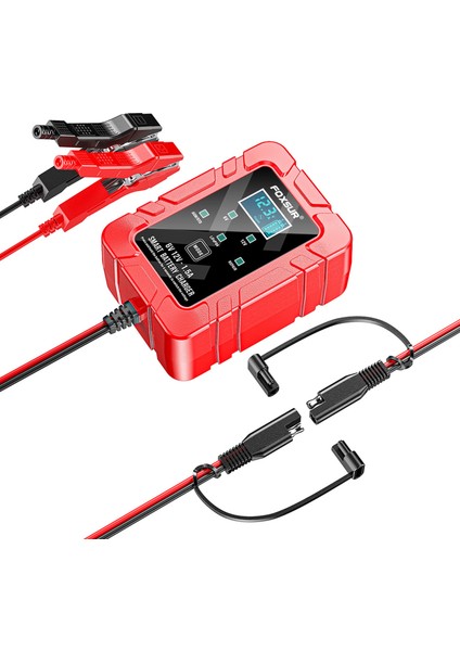 Foxsur 1.5 A Araba Pil Şarj Cihazı, LCD Ekranlı 6V ve 12V Otomotiv Şarj Cihazı, Motosiklet Çim Biçme Makinesi Için Akü Bakım Cihazı Agm Jel Kurşun Asit Aküler, Kırmızı, Ab Tak (Yurt Dışından) modelleri
