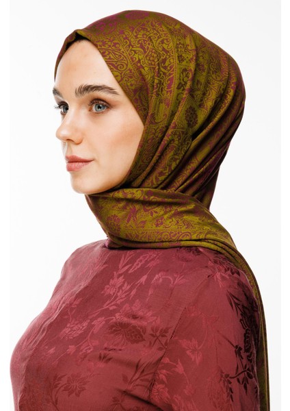 Henna Desen Çift Taraflı Şal Yağ Yeşili-Mürdüm