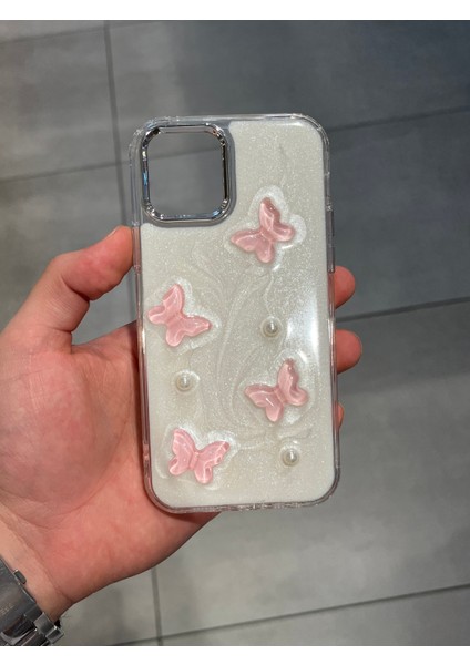 Iphone 12 ve 12 Pro Uyumlu Kelebek Figürlü Epoksi Tasarım Şeffaf Sert Silikon Kılıf