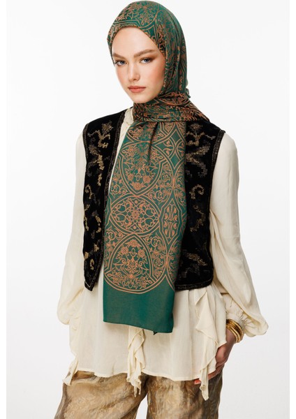Morocco Desen Çift Taraflı Şal Zümrüt-Kayısı