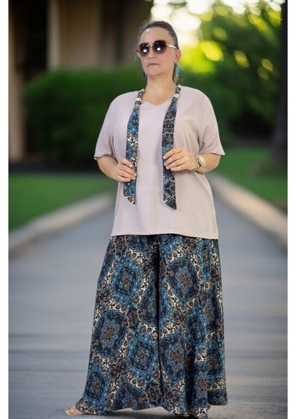 Beli Lastikli Geniş Kesim Pamuklu Viskon Pantolon Etek Flarlı Penye Bluz Ikili Takım