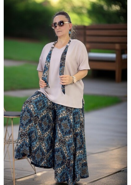 Beli Lastikli Geniş Kesim Pamuklu Viskon Pantolon Etek Flarlı Penye Bluz Ikili Takım modelleri