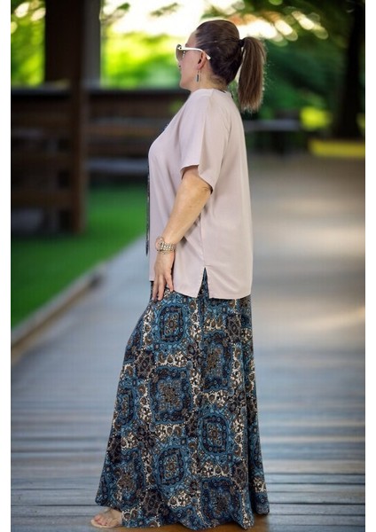 Beli Lastikli Geniş Kesim Pamuklu Viskon Pantolon Etek Flarlı Penye Bluz Ikili Takım indirimleri